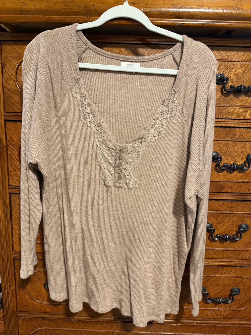 Maurice’s Ribbed Lace-Trim Henley Long Sleeve Top - Taupe